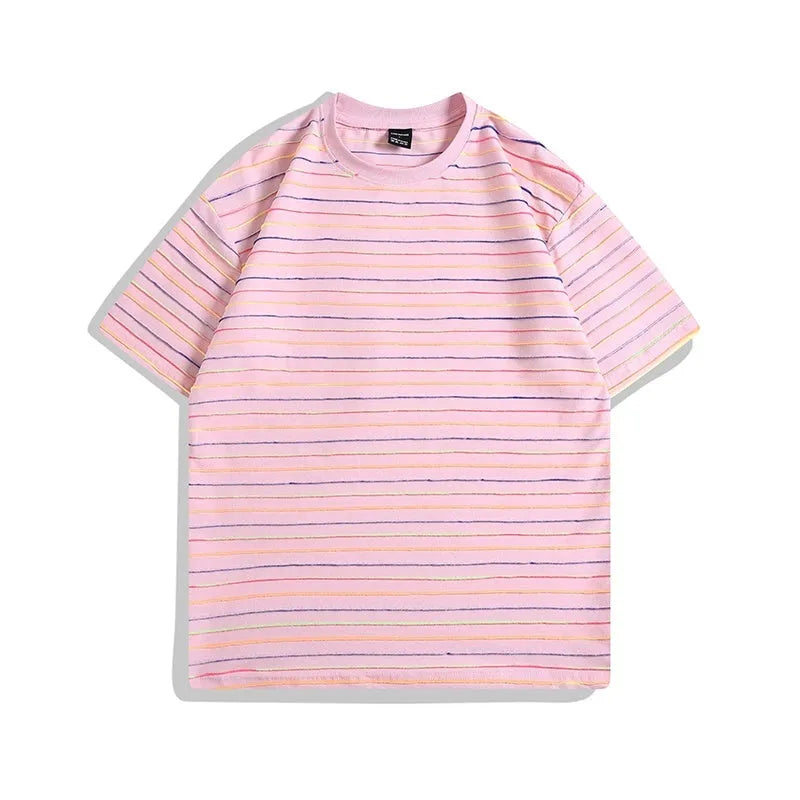 Women's loose fit striped t-shirt with half sleeves and round neck collar in multiple colour options