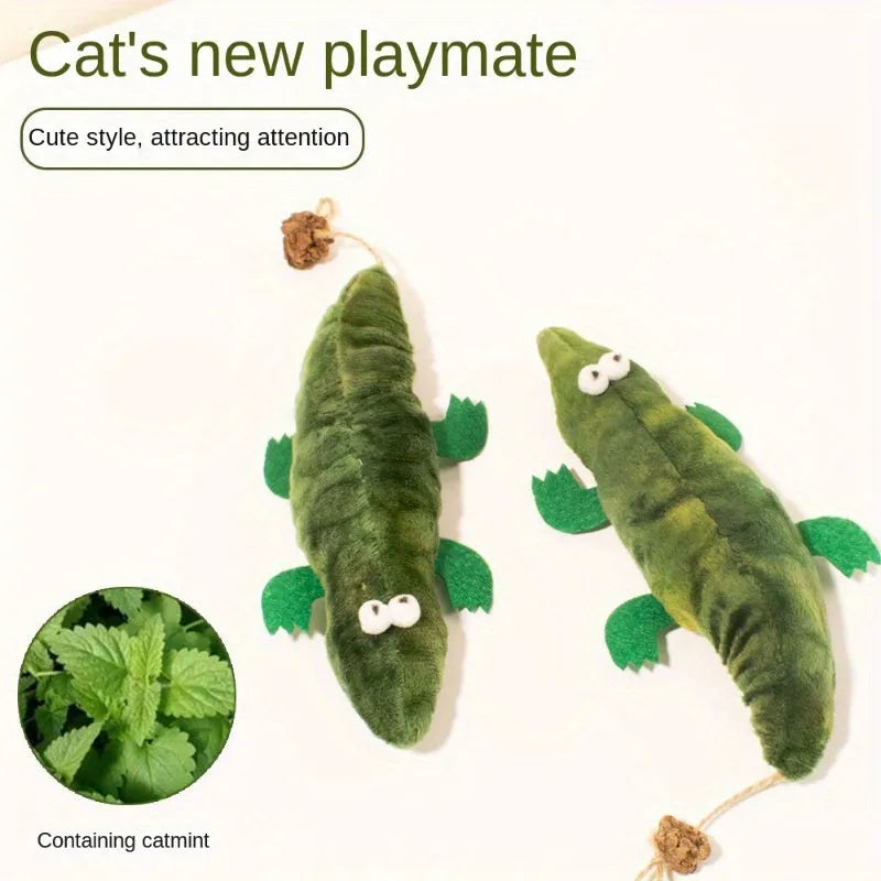 Green plush alligator catnip toy with plant-based materials and natural peppermint scent