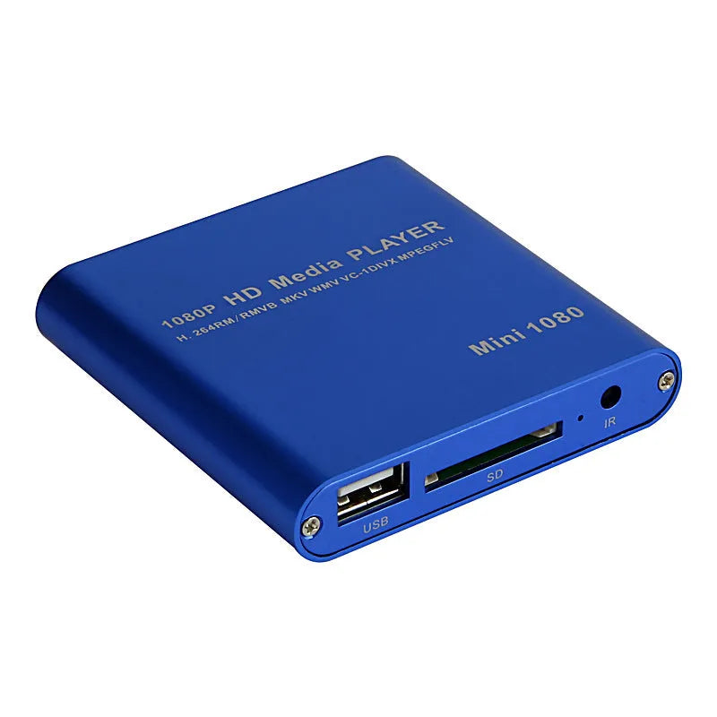 1080p Full HD media player with compact metal housing in black or blue colour