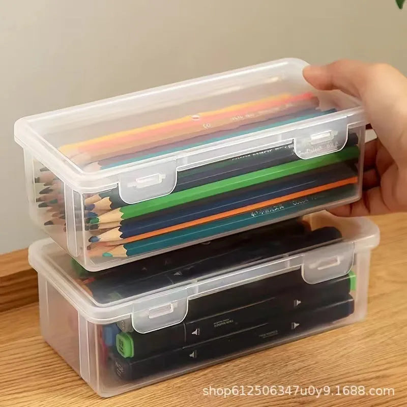 Transparent plastic stationery storage box for pencils and children's art supplies