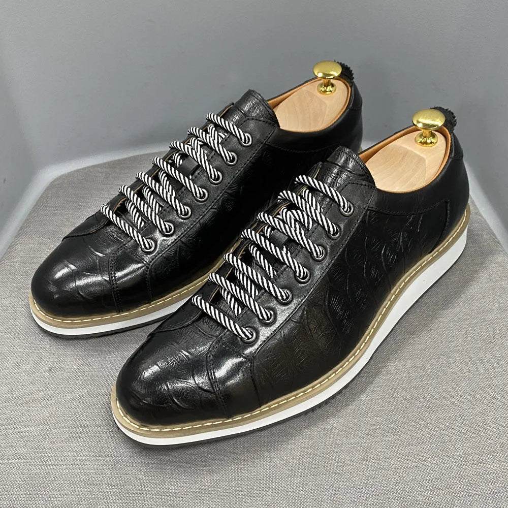 Handmade men's low top shoes with embossed pattern, front tie laces, in black, green, white, or grey.