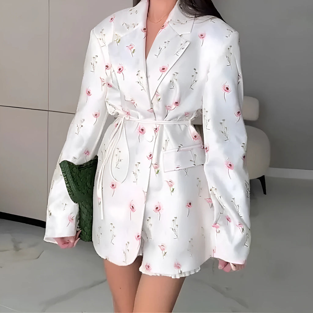 Women's collar lace-up waist-tight suit jacket in satin polyester, shown in apricot colour.