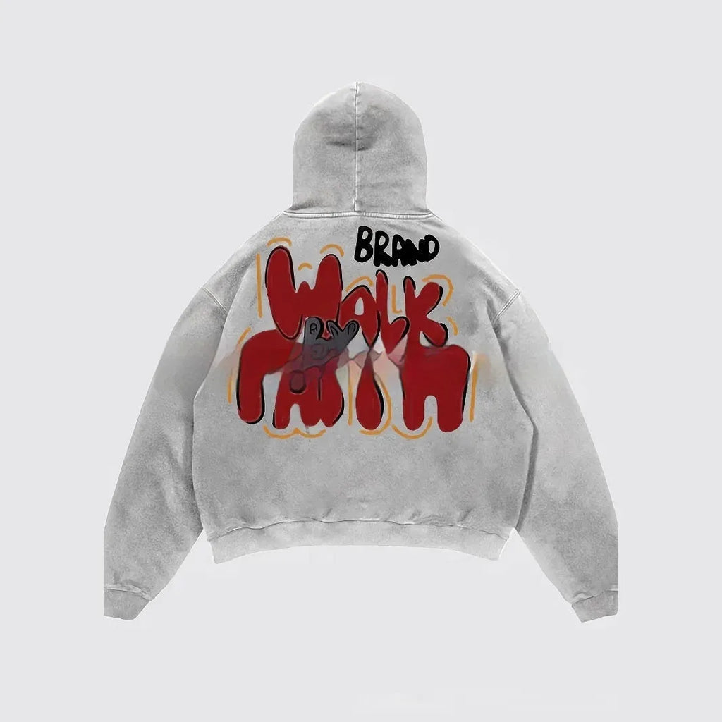 Women's granny grey hoodie with vintage letter print design and harajuku street style
