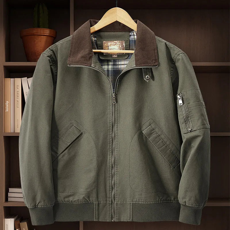 Men's plus-size washed cotton baseball flight jacket in Army Green