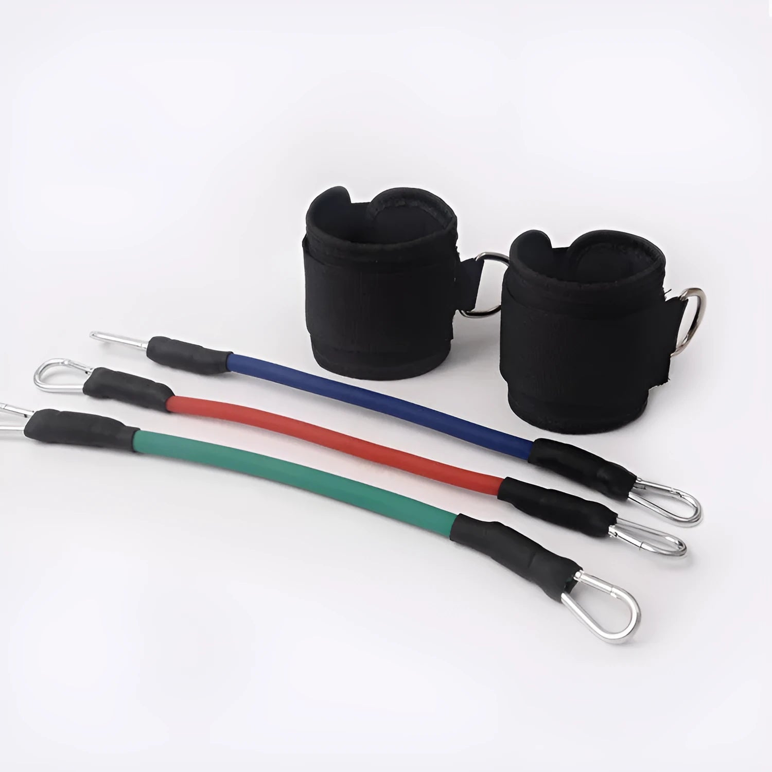 Black explosive force leg training pull rope set for taekwondo on a plain background.