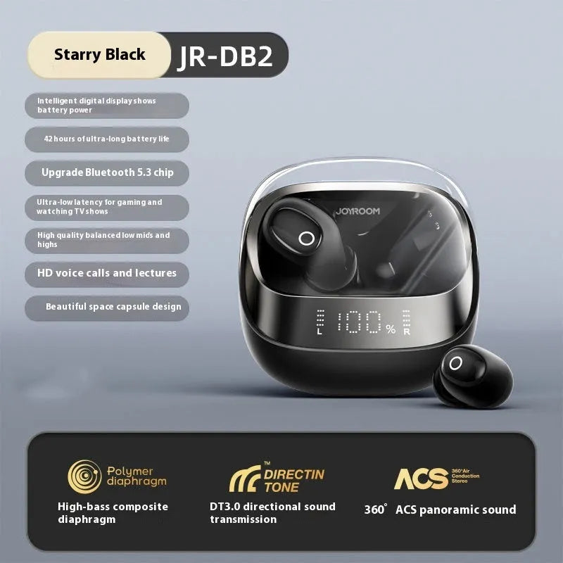 Wireless Bluetooth in-ear earbuds with a compact white charging case on a table.