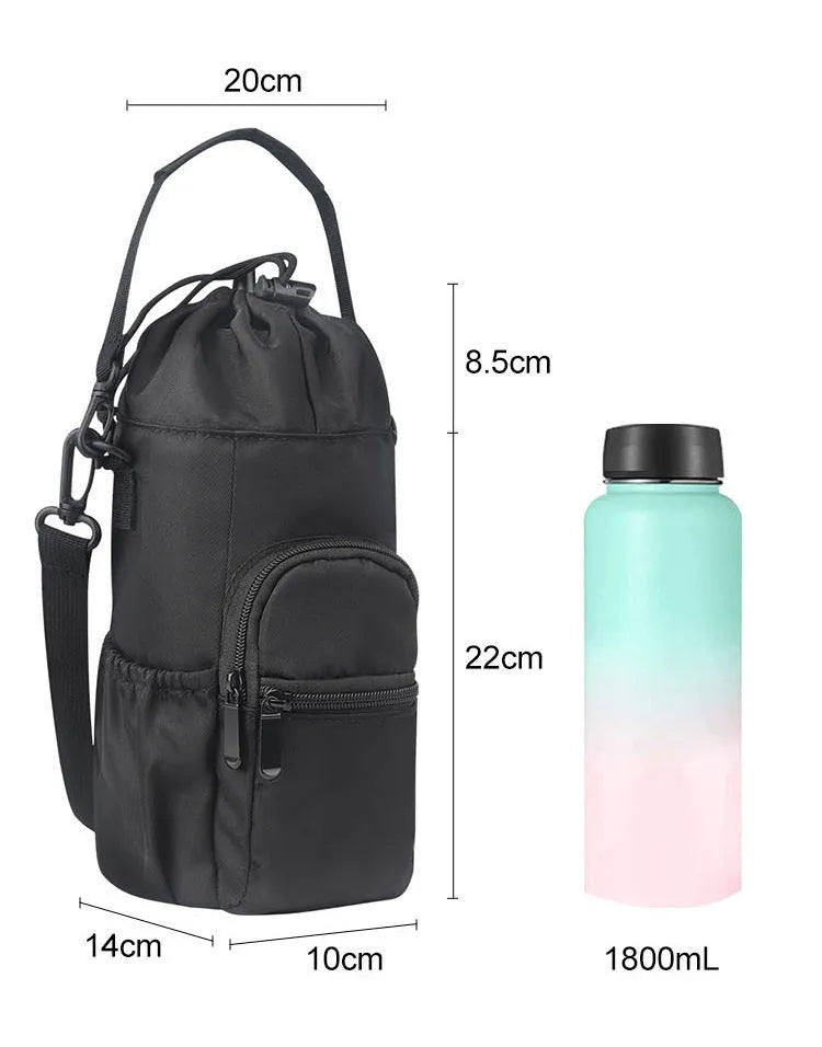 Cloth water bottle shoulder bag with crossbody strap in black, green and pink colour options