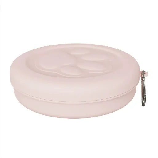 Portable plastic dog feeding bowl in green and pink colour options for outdoor use