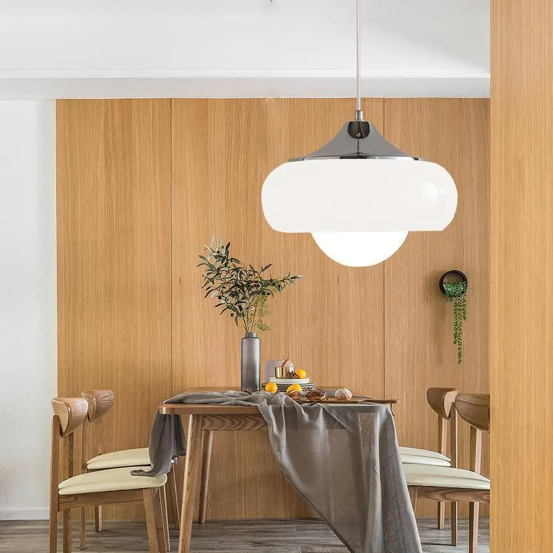 Bauhaus pendant light with three milk white egg tart glass shades for ceiling mounting
