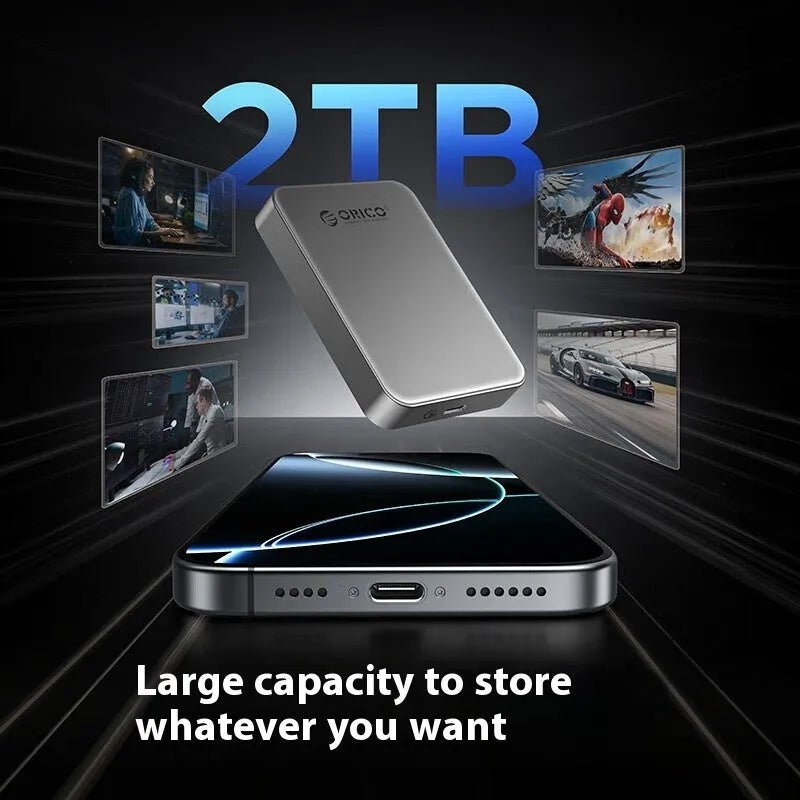 Grey magnetic mobile solid state drive with USB-C cable and magnetic suction ring.