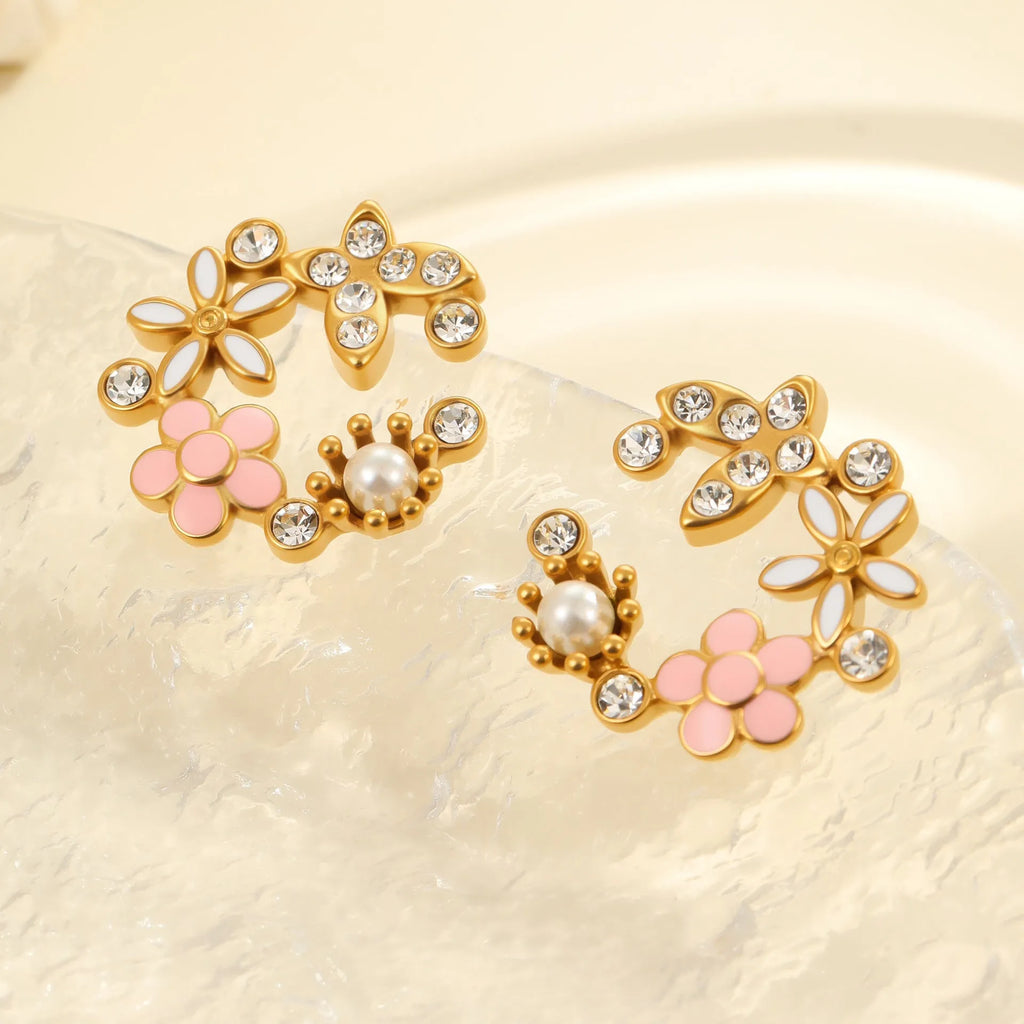 Flower stud earrings with petal design in colourful pattern, stainless steel with 18K gold electroplating