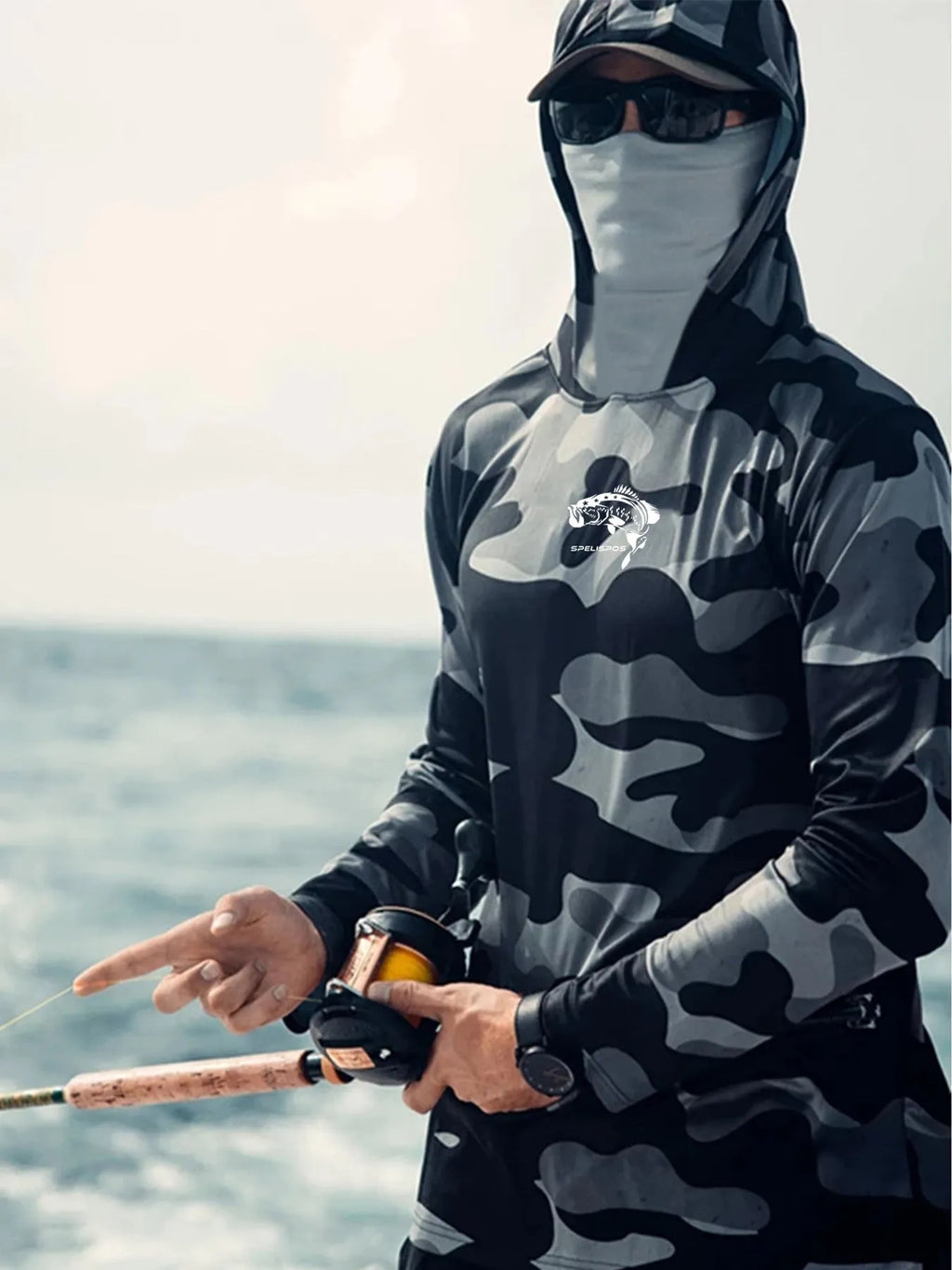 Huk men's long sleeve fishing shirt showing mesh side panels and crew neck design