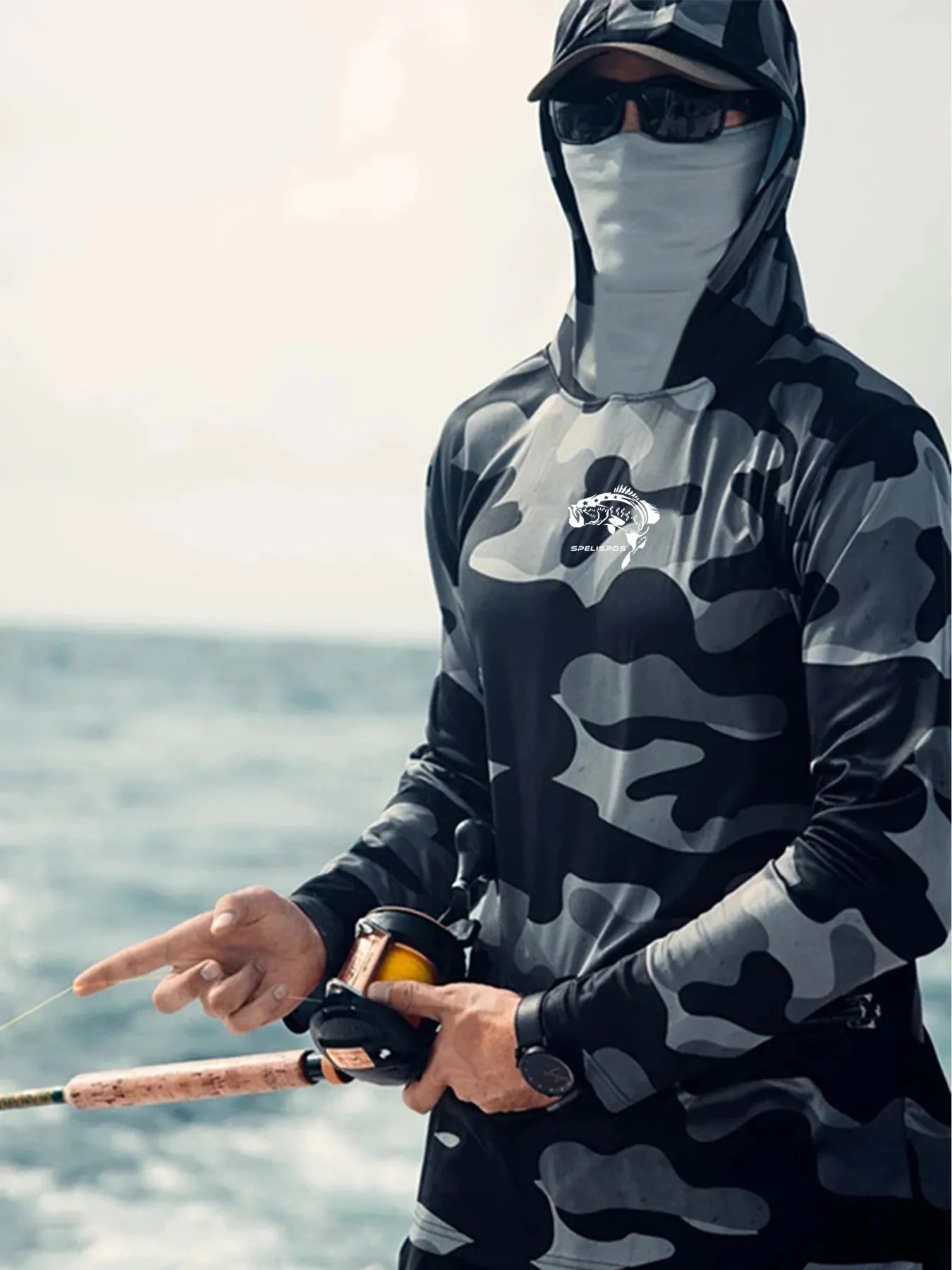 Huk men's long sleeve fishing shirt showing mesh side panels and crew neck design