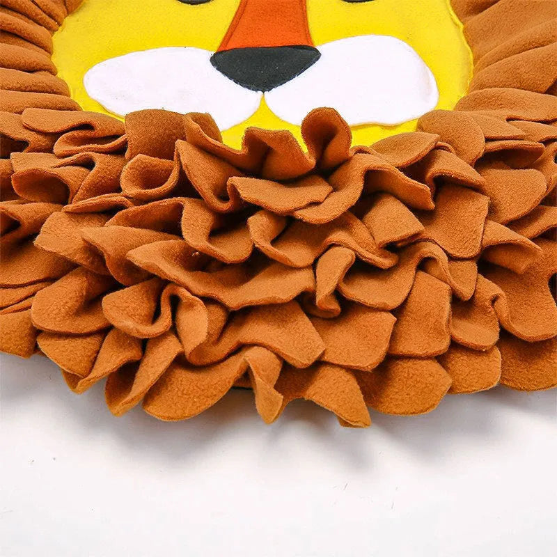 Brown pet snuffle mat with fabric folds for hiding treats, measuring 33cm by 25cm