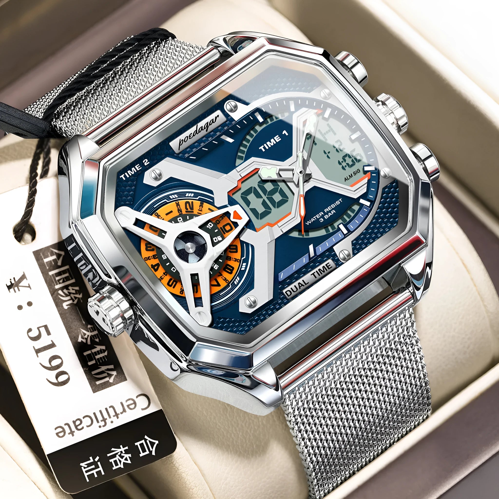 Multifunctional waterproof luminous men's watch with silver case and blue mesh belt on display