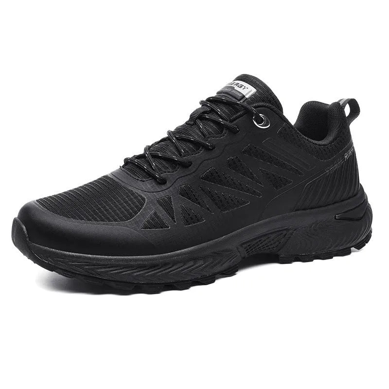 Men's plus size black and orange breathable mesh running shoes with lace-up front and rubber sole.