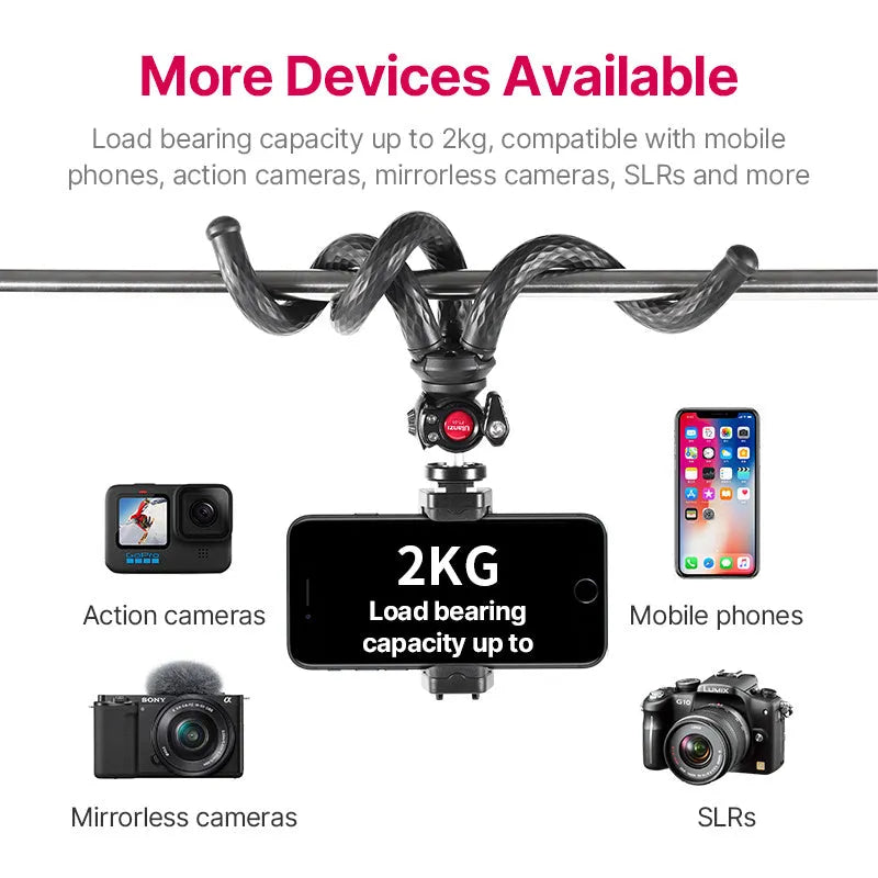 Black octopus-style flexible tripod with mobile phone clip extended to 360mm length.
