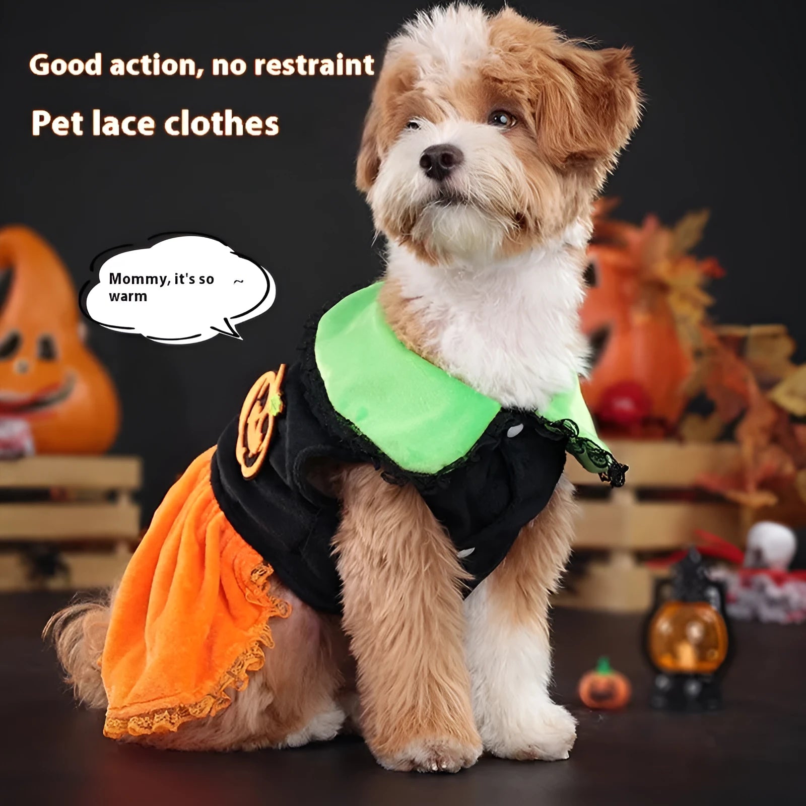 Crystal velvet Halloween pumpkin skirt costume for dogs and cats on mannequin