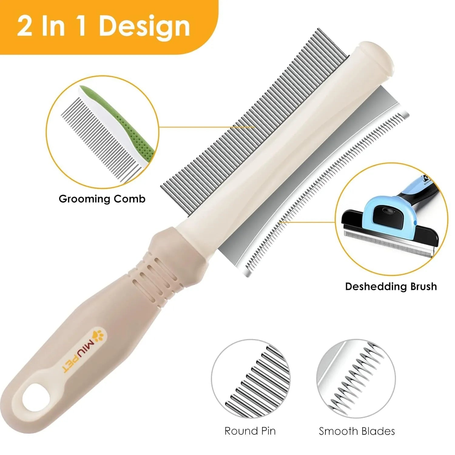 White double-sided pet deshedding brush and grooming comb with curved head and ergonomic handle.