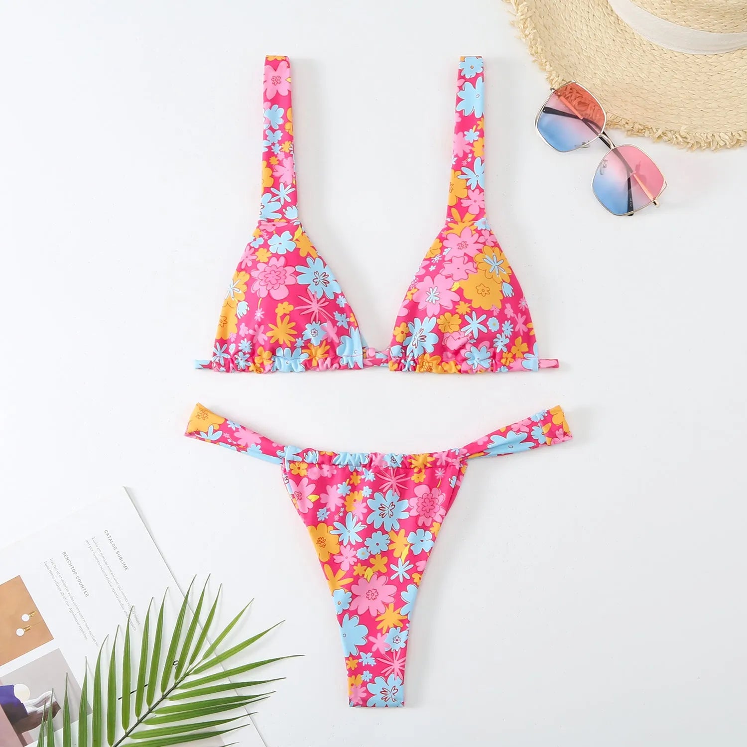 Women's floral print bikini swimsuit set in polyester fabric with bra and briefs