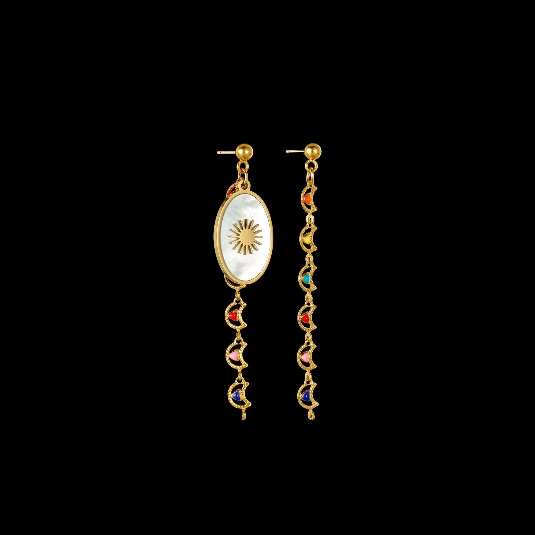 Stainless steel geometric earrings showing eight Awn XINGX, eye, and shell sun designs.