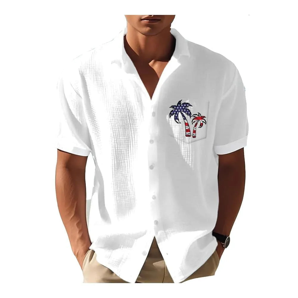 Men's loose fit short sleeve Hawaiian shirt with a colourful digital print pattern on polyester fabric.
