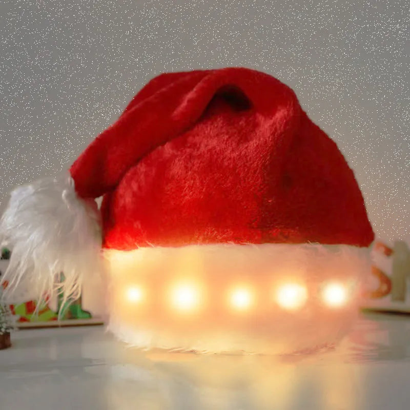 Red and white plush LED Santa hat with glowing coloured lights and a white pom-pom.