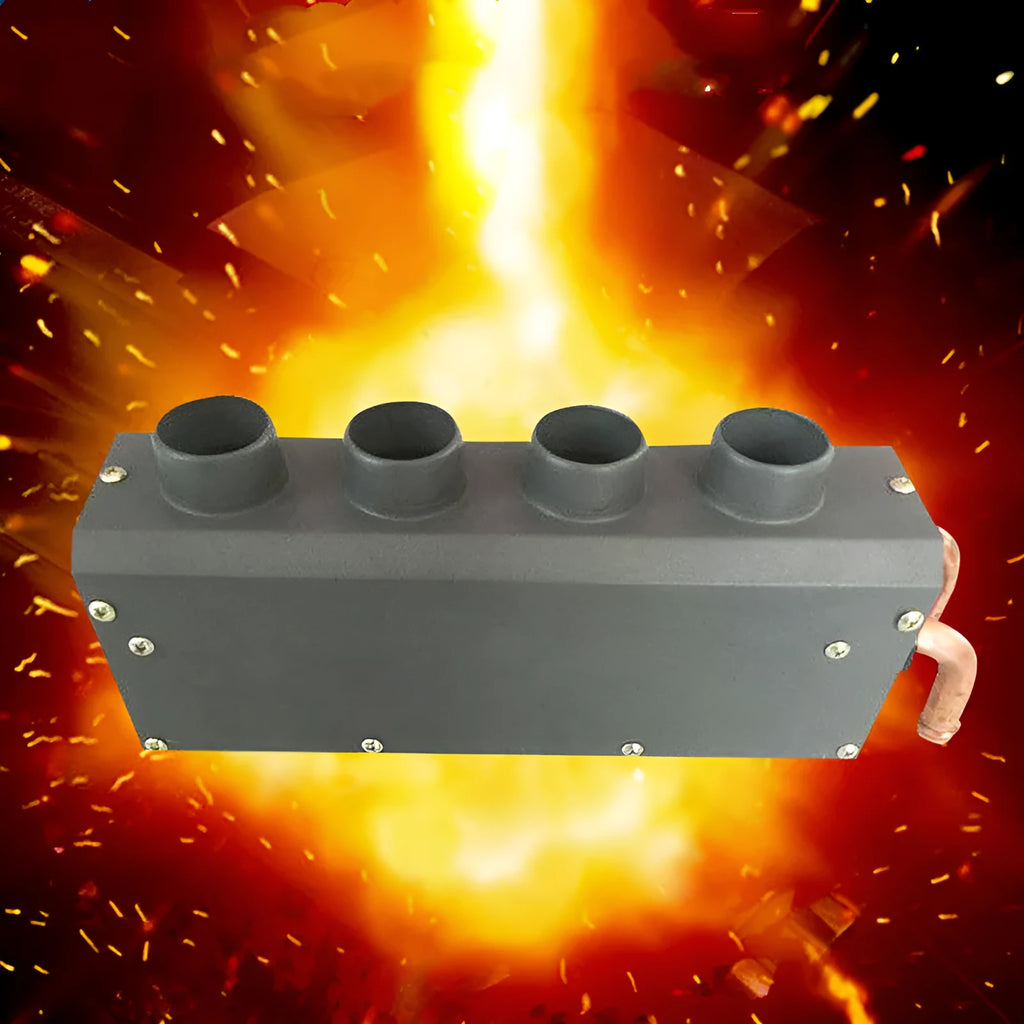 Metal car heater unit with copper pipe connections for 12V and 24V vehicle installation.