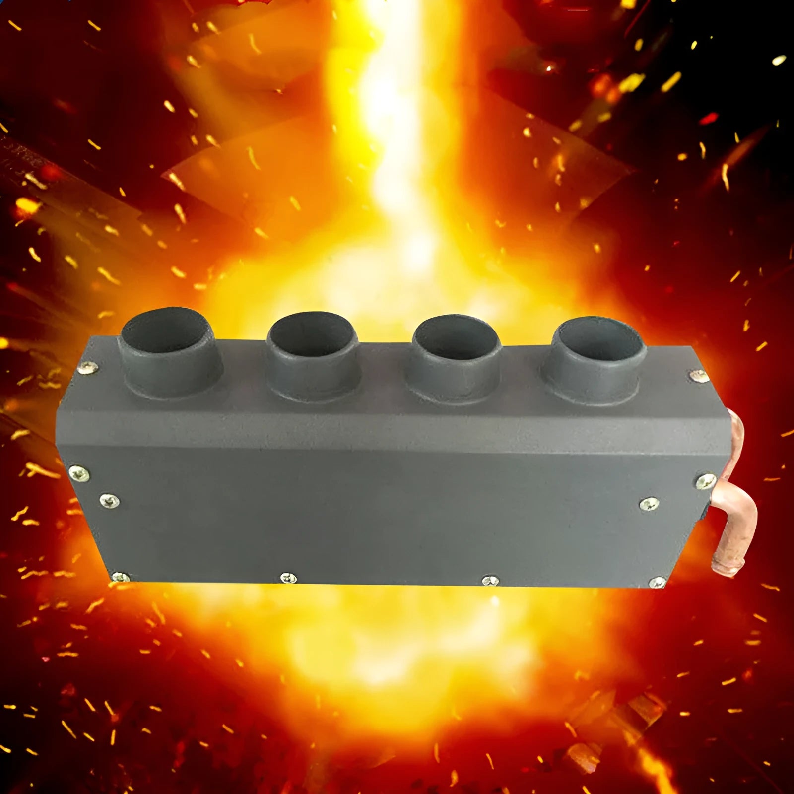 Metal car heater unit with copper pipe connections for 12V and 24V vehicle installation.