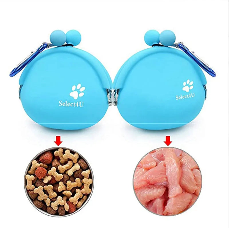 Yellow silicone pouch with hook-and-loop closure for dog treats, shown on a waistband.