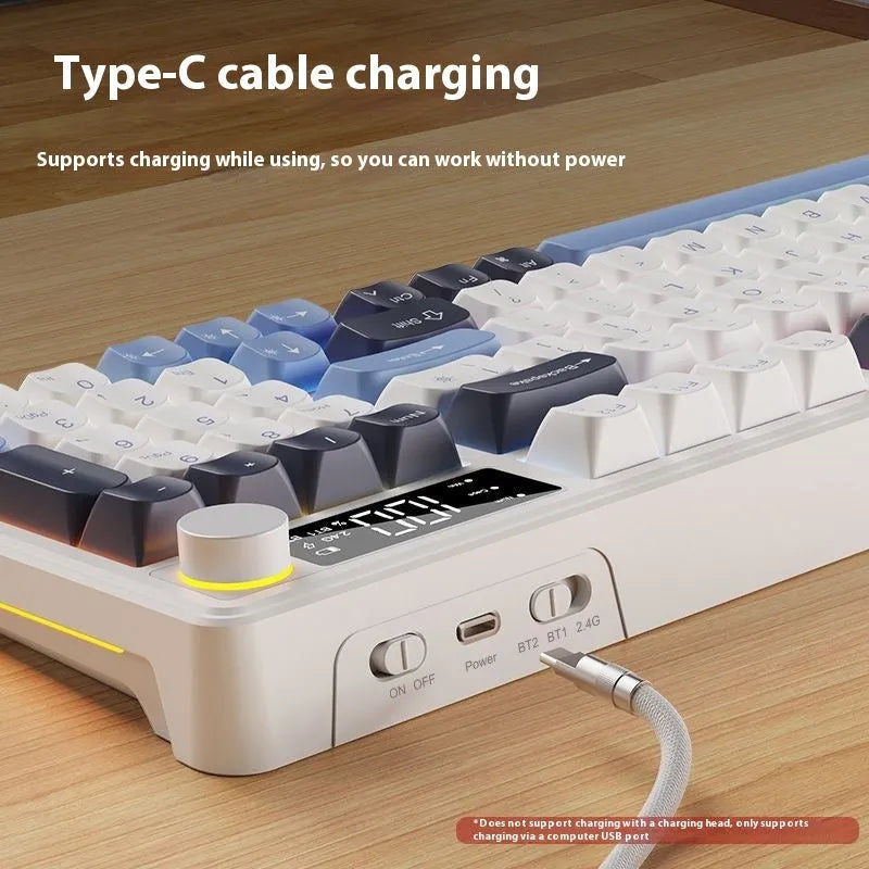 Wireless mechanical-feel keyboard and mouse in a two-tone colour option, showing Type-C cable and connectivity switches.