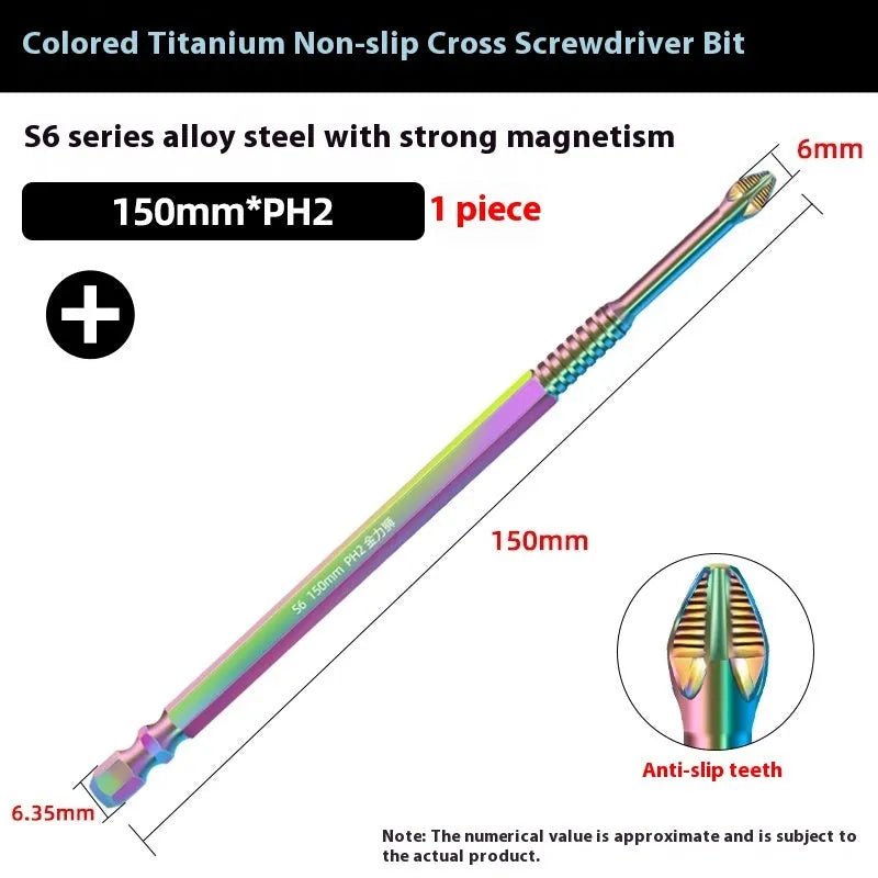 S6 colour titanium anti-slip cross screwdriver head in alloy steel, 50mm length shown