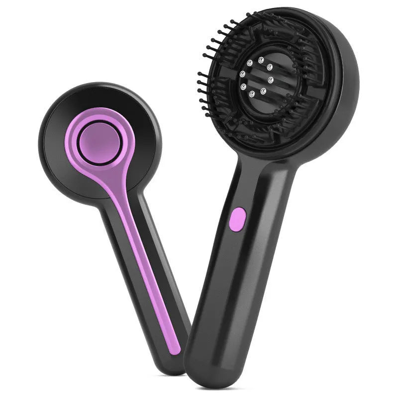 Grey head massage tingler with built-in hair brush, showing mechanical buttons and USB port.