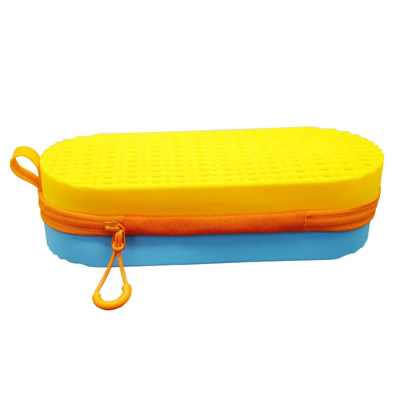 Silicone glasses case in multiple colours, showing long hand shape and scale next to a pair of spectacles.