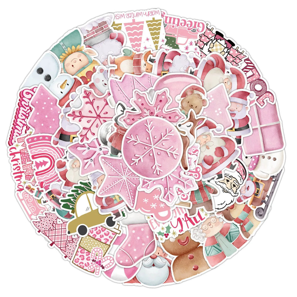 Pack of 50 cute Christmas themed waterproof stickers in sizes from 4cm to 8cm.