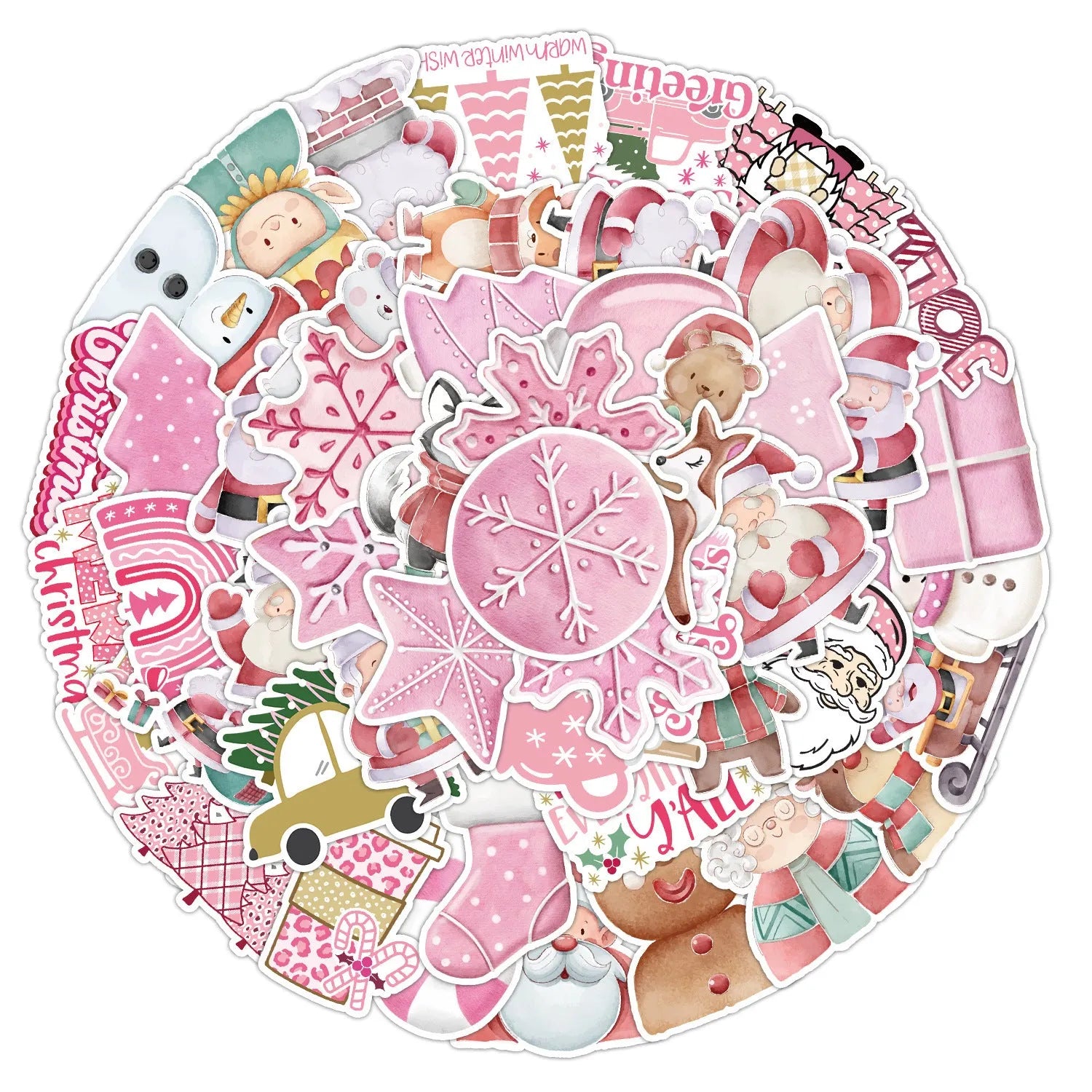Pack of 50 cute Christmas themed waterproof stickers in sizes from 4cm to 8cm.