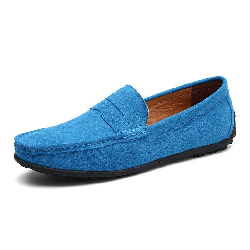 Men's brown suede casual loafers with a round toe and flat rubber sole on a white background.