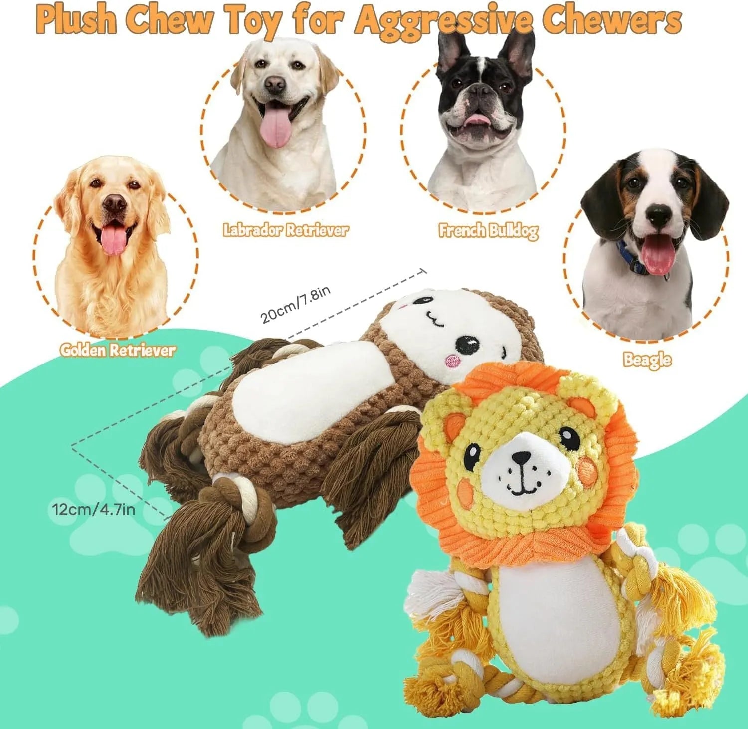 Monkey and lion plush squeaky dog toys bundle for medium and large breed dogs