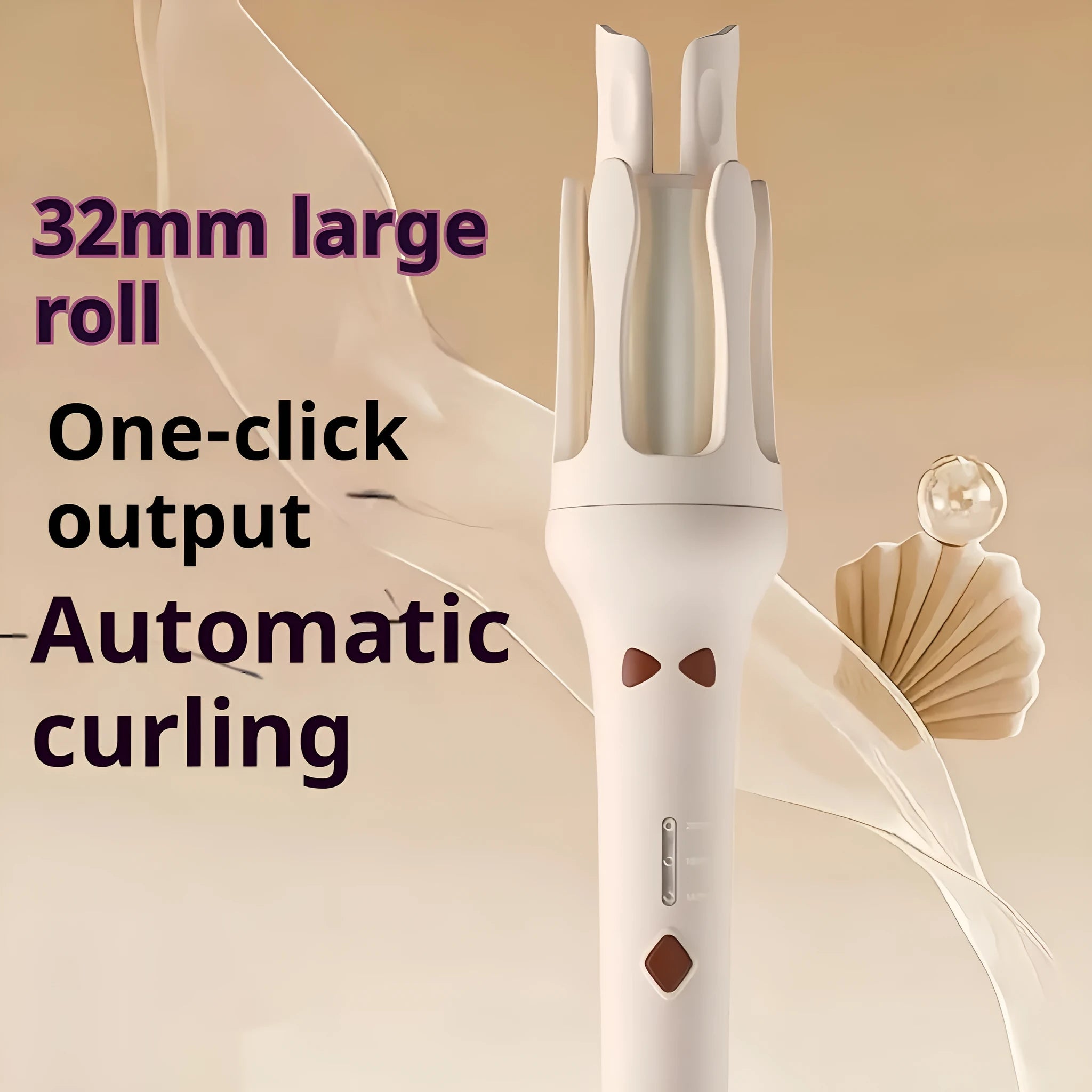 Automatic hair curler with 32mm ceramic barrel in pink, showing wired power cord and included US/EU travel adapters.