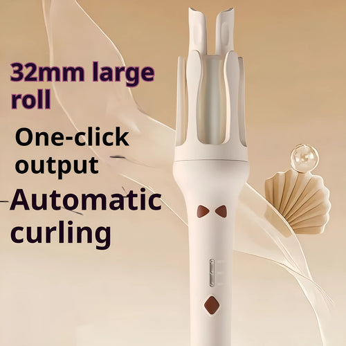 Automatic hair curler with 32mm ceramic barrel in pink, showing wired power cord and included US/EU travel adapters.