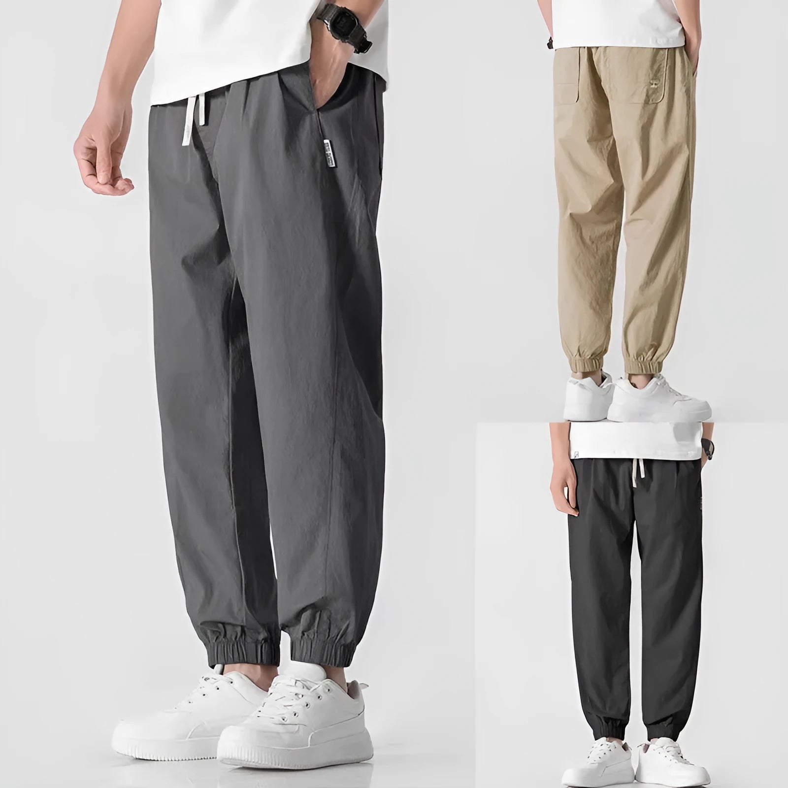 Men's fashion loose cuffed cargo pants in black, made from polyester, available in sizes S to 3XL.