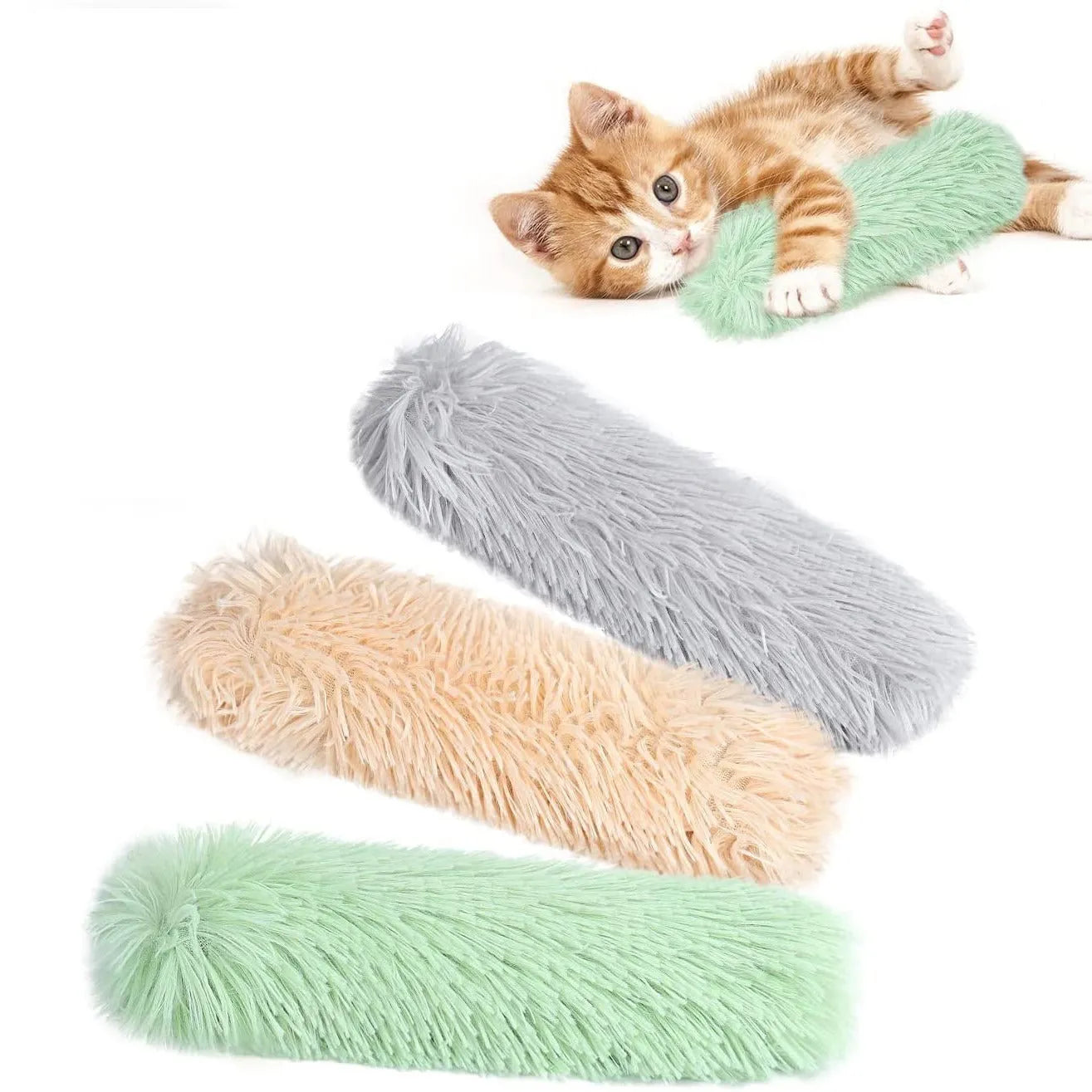 Plush cat toy pillow with crinkle paper in blue, green, pink and white colours measuring 27cm by 10cm