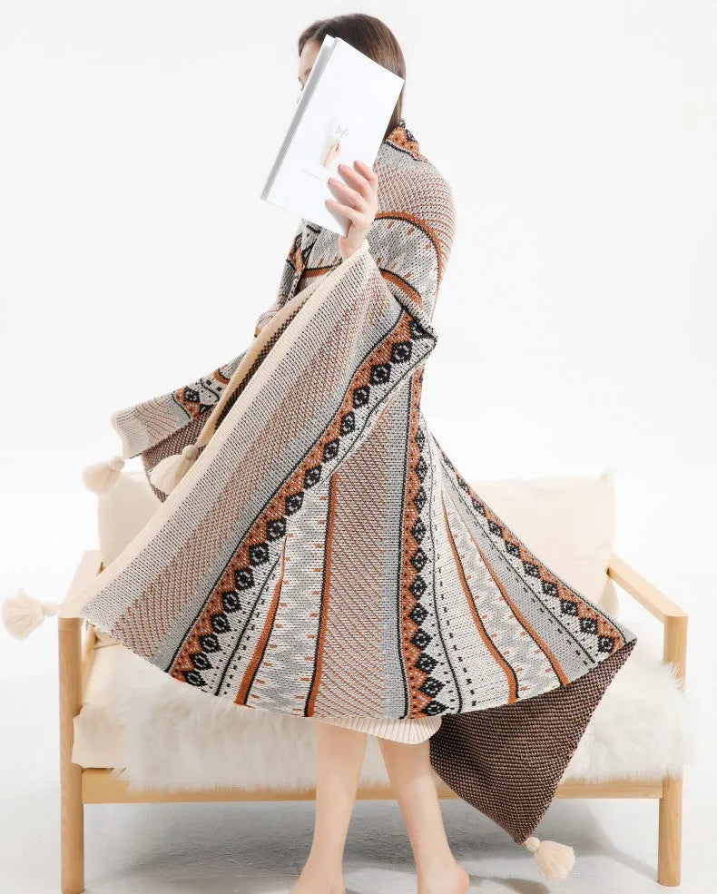 Bohemian-style acrylic sofa blanket with tassel edges in geometric pattern or solid colour options