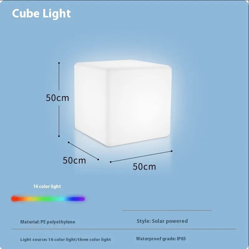 Square LED cube light stool in modern design showing waterproof PE construction with solar panel or charging port visible