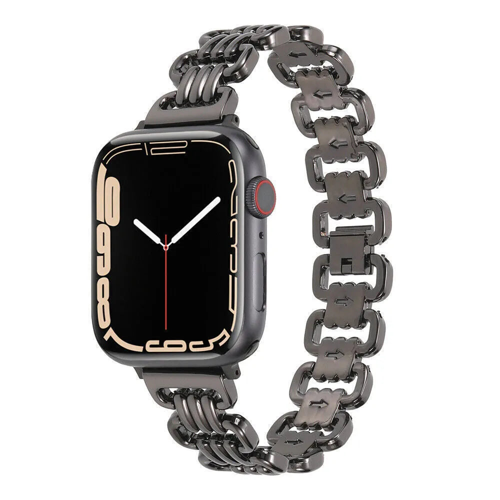 Alloy metal Apple Watch replacement band in silver, black, gold, rose gold, and starlight colours.