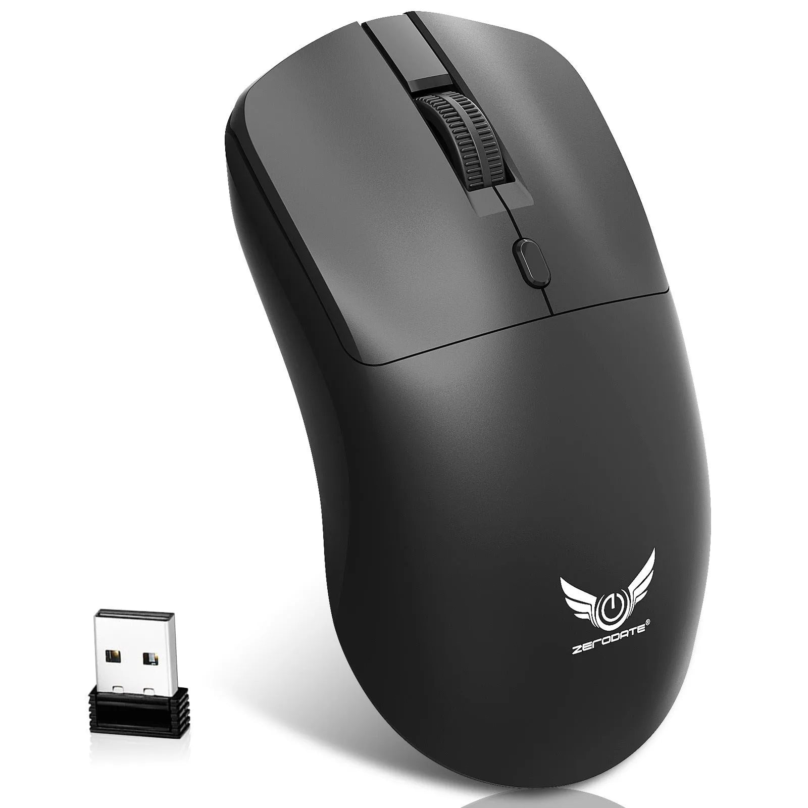 Black wireless computer mouse with three-gear audio control buttons on side