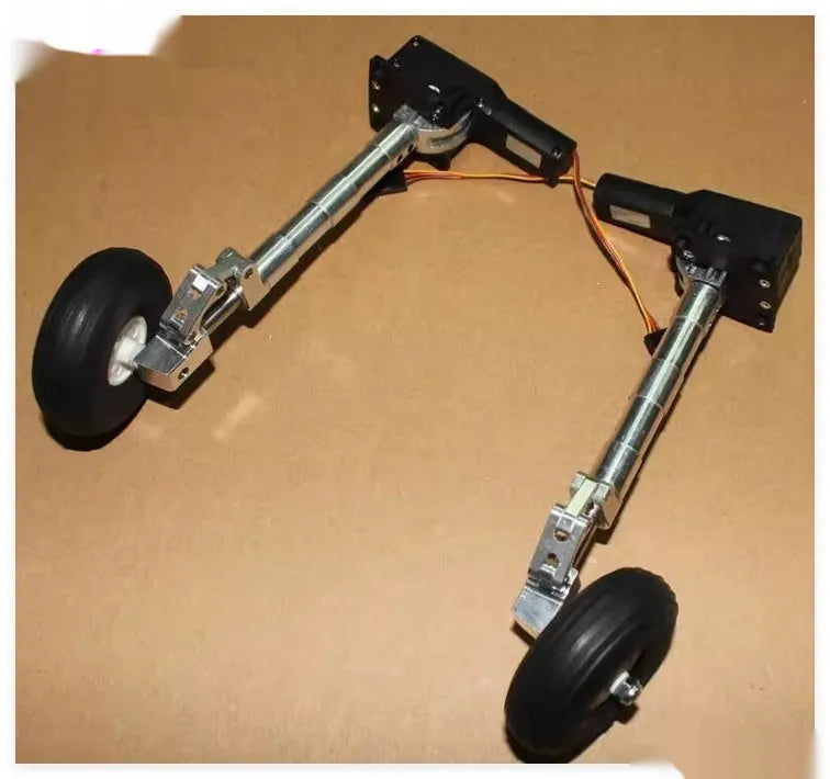 Alloy retractable shock-absorbing landing gear for RC aircraft with wheels.