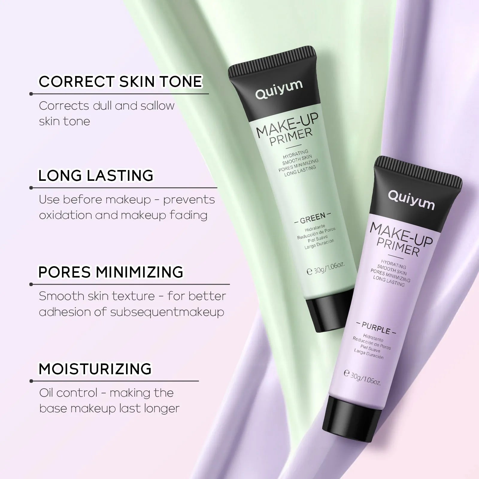 30g moisturising colour-correcting makeup primer in purple, pink and green shades