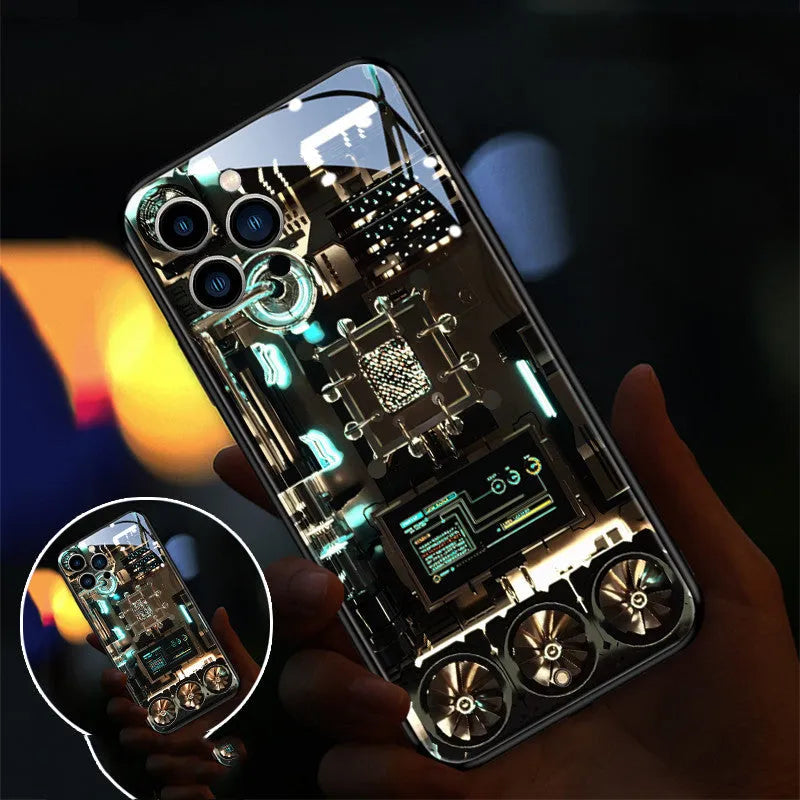 Xpress 14 tempered glass iPhone case with illuminated notification light on a phone.