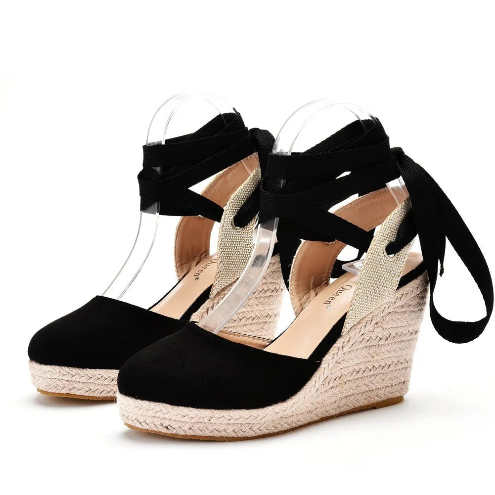 Women's apricot bohemian wedge sandals with beaded tassels and a buckle strap on a 10.5cm heel.